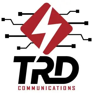A red and black logo for trd communications